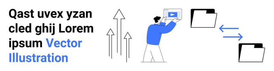 Person interacting with a digital file, arrows showing upward and bidirectional transfers, folders receiving data. Ideal for data sharing, file management, media storage, digital organization