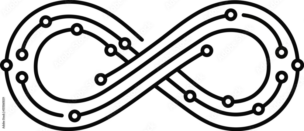 Poster vector illustration of an infinity symbol with circuit board lines and small circle nodes