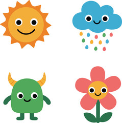 Cute cartoon sun cloud flower and monster characters vector illustration with smiling faces and colorful design for children graphics