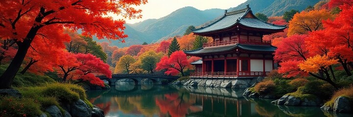 Vibrant autumn leaves paint Kyoto's ancient temples and serene gardens in breathtaking hues of red, orange, and gold A picturesque scene of fall foliage in Japan's cultural heartland , maple, momiji