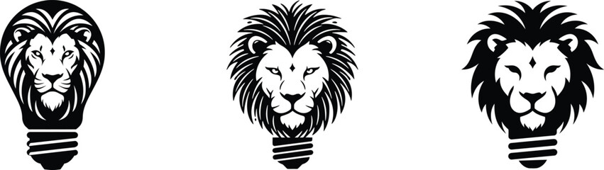 Vector three black and white lion head illustrations with light bulb base 