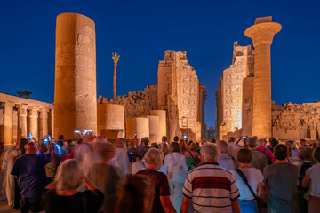 View of Karnak Temple sound and light show at dusk, Luxor, Egypt, Africa