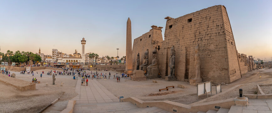 View of Luxor Temple at dusk, Luxor, Egypt, Africa