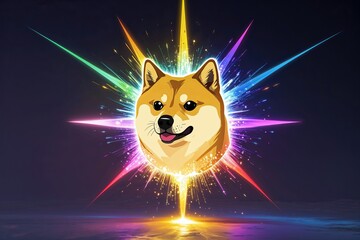 Radiant Dogecoin Logo Emerging from Vibrant Rainbow Light as a Symbol of Wealth and Energy in the Cryptocurrency Market
