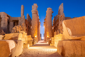 View of Karnak Temple sound and light show at dusk, Luxor, Egypt, Africa