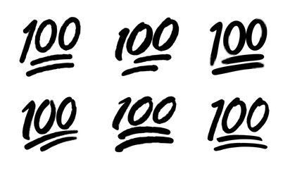 100 percent emoji set in grunge style in black color. 100 points emoticon. Black hundred symbol modern, simple, vector, icon. Vector illustration