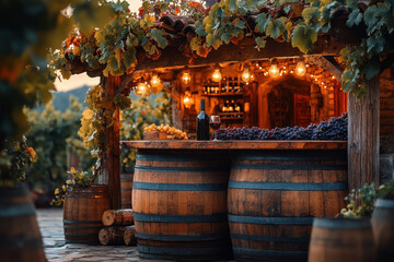 Fototapeta premium Barrels and lights at a wine bar.
