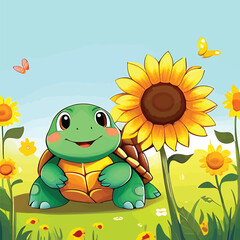 Obraz premium Cartoon Turtle In Sunflower Field Cheerful Animal Illustration For Childrens Books Educational Material Nature Designs And Spring Themes In A Whimsical Vector Art Style