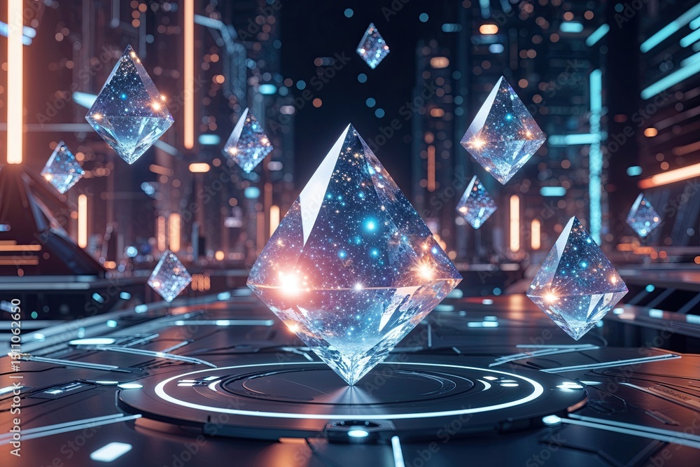 Poster futuristic finance visuals of floating crystals symbolizing stellar lumens with luminous technology 
