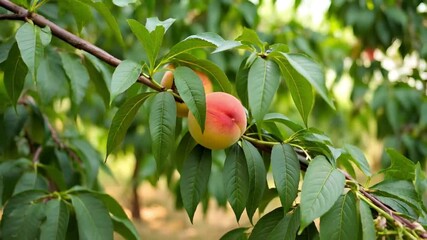 Two ripe peaches nestled among green leaves on branch. Natural lighting highlights fruit's blush tones. Concept: Orchards, Fruit preserves, Farm markets.