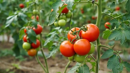 Fresh tomatoes ripen on healthy vine in greenhouse setting. Vibrant red fruits, deep green foliage. Concept Organic farming, Farm-to-table restaurants, Garden centers. Perfect for harvest season