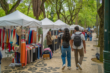 View of market stalls and colourful architecture on Avenue da Liberdade, Lisbon, Portugal, Europe