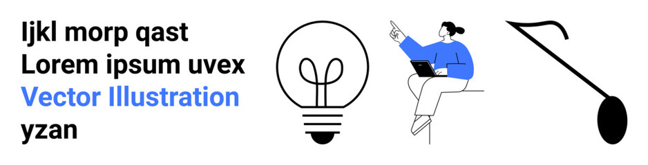 Laptop user sitting and pointing, lightbulb indicating innovation, abstract shapes. Ideal for creativity, brainstorming, ideas, learning, design thinking, content creation simple landing page