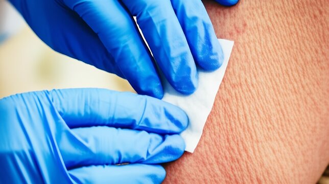 Nurse applying an alcohol swab to patient arm before administering vaccine