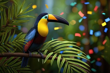 Fototapeta premium Vibrant toucan perched amidst tropical foliage celebrating nature’s beauty with colorful confetti