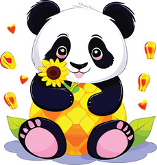 Adorable Panda With Sunflower Sitting On A Pineapple Cute Cartoon Vector For Childrens Designs Greeting Cards And Educational Materials