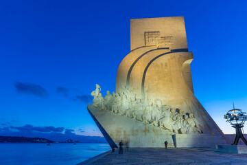 View of Monument to the Discoveries (Padrao dos Descobrimentos) at dusk, Lisbon, Portugal, Europe