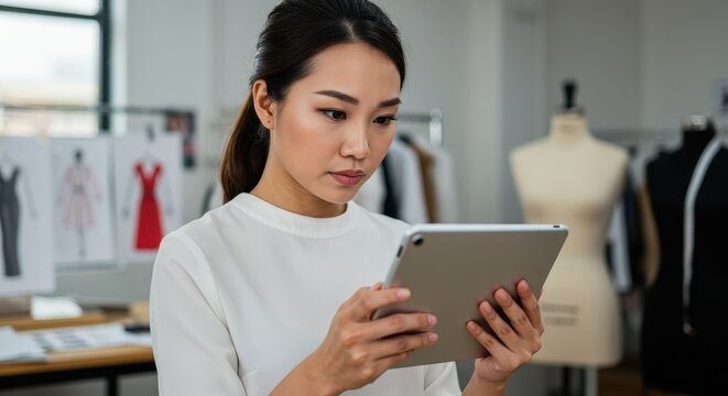 A fashion designer focuses on designs displayed in the studio while using a tablet for reviews