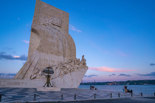 View of Monument to the Discoveries (Padrao dos Descobrimentos) at dusk, Lisbon, Portugal, Europe