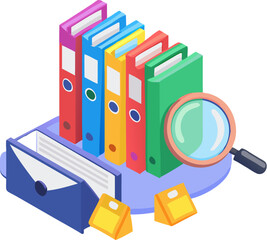 Colorful office folders with documents in an organized row of binders for business data archives