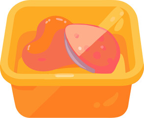 Yellow vector illustration of a plastic bucket with fresh water and sweet fruit