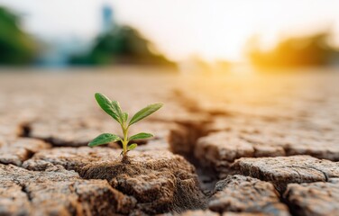 Hope rises from drought-stricken land as resilient plants emerge from cracked earth at sunset, symbolizing regeneration and growth