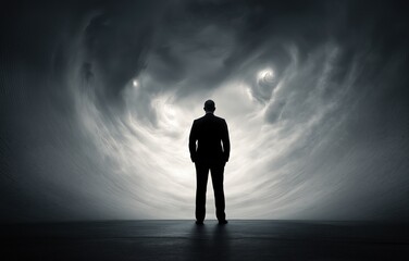Mysterious silhouette of a person standing in a dark swirling cosmos projection, evoking wonder and contemplation