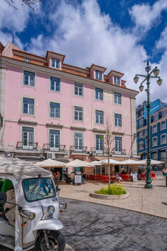 View of colourful architecture and cafes in PC Duque da Terceira on a sunny day, Lisbon, Portugal, Europe