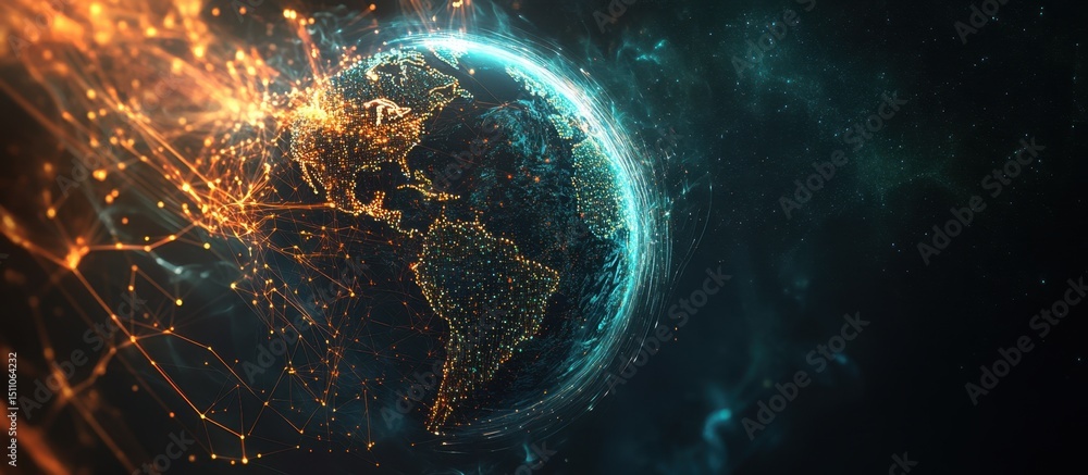 Poster background with futuristic elements like the earth, glowing lines, and technological symbols symboli