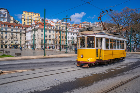 View of a vintage tram in PC Duque da Terceira on a sunny day, Lisbon, Portugal, Europe