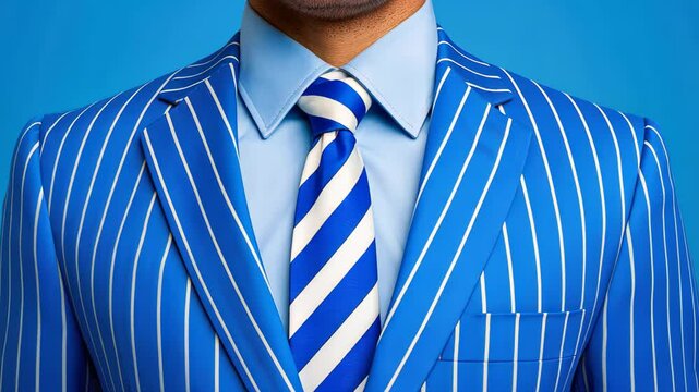 Blue Striped Suit: Man wearing blue pinstripe suit paired with a striped blue tie, showcasing impeccable style and attention to detail in formal wear.