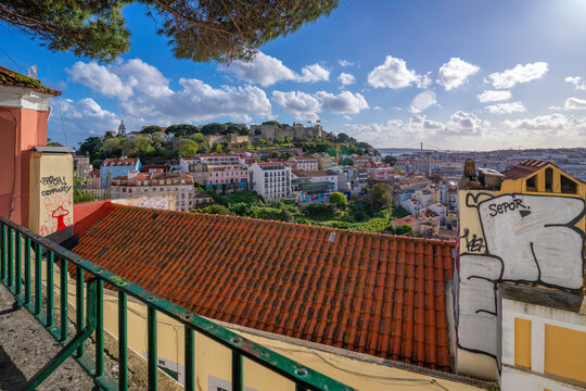 Panoramic view of Lisbon from Miradouro da Graca scenic point on a sunny day in the Alfama District, Lisbon, Portugal, Europe