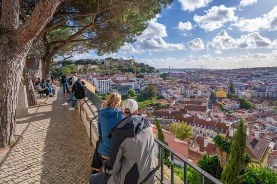 Panoramic view of Lisbon from Miradouro da Graca scenic point on a sunny day in the Alfama District, Lisbon, Portugal, Europe