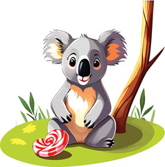 Obraz premium Cute Cartoon Koala With Candy Adorable Animal Vector Illustration For Childrens Books And Educational Materials