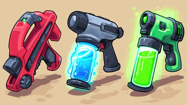 Creative cartoon style gadgets and tools showcasing vibrant colors and unique designs in a playful setting