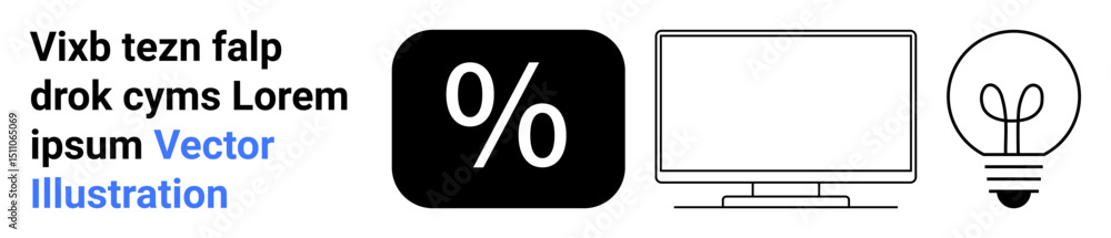 Poster percentage icon with bold styling, desktop monitor outline, and light bulb design representing creat