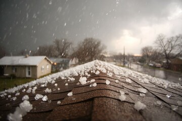 Hailstorm with ice pellets striking roof shingles during severe weather event