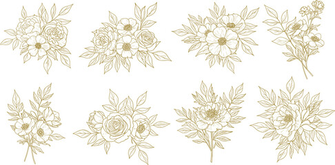 Vector set of gold line japanese, chinese flowers illustrations. 