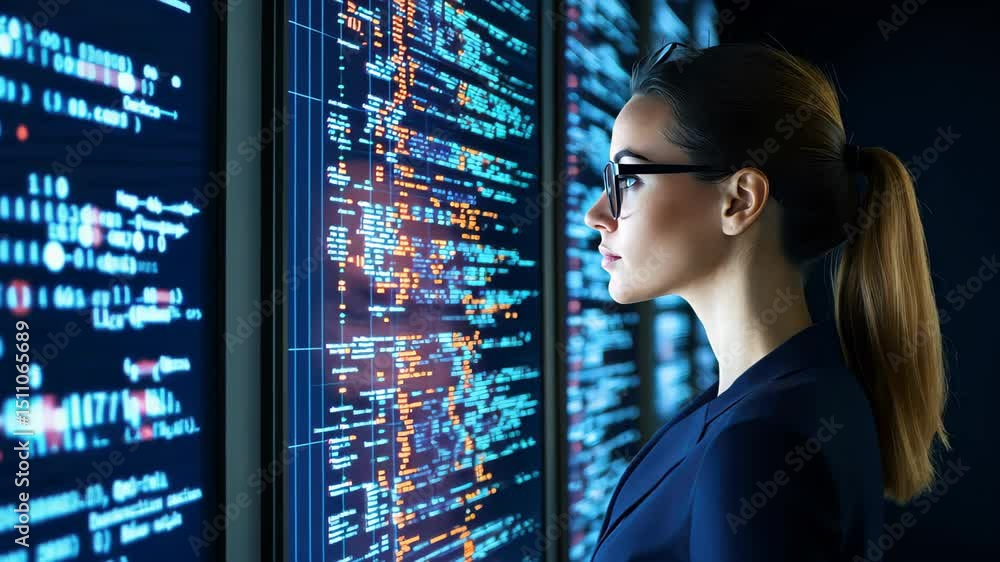 Poster cybernetic vigilance: a focused professional, immersed in a high-tech environment, stands before tow