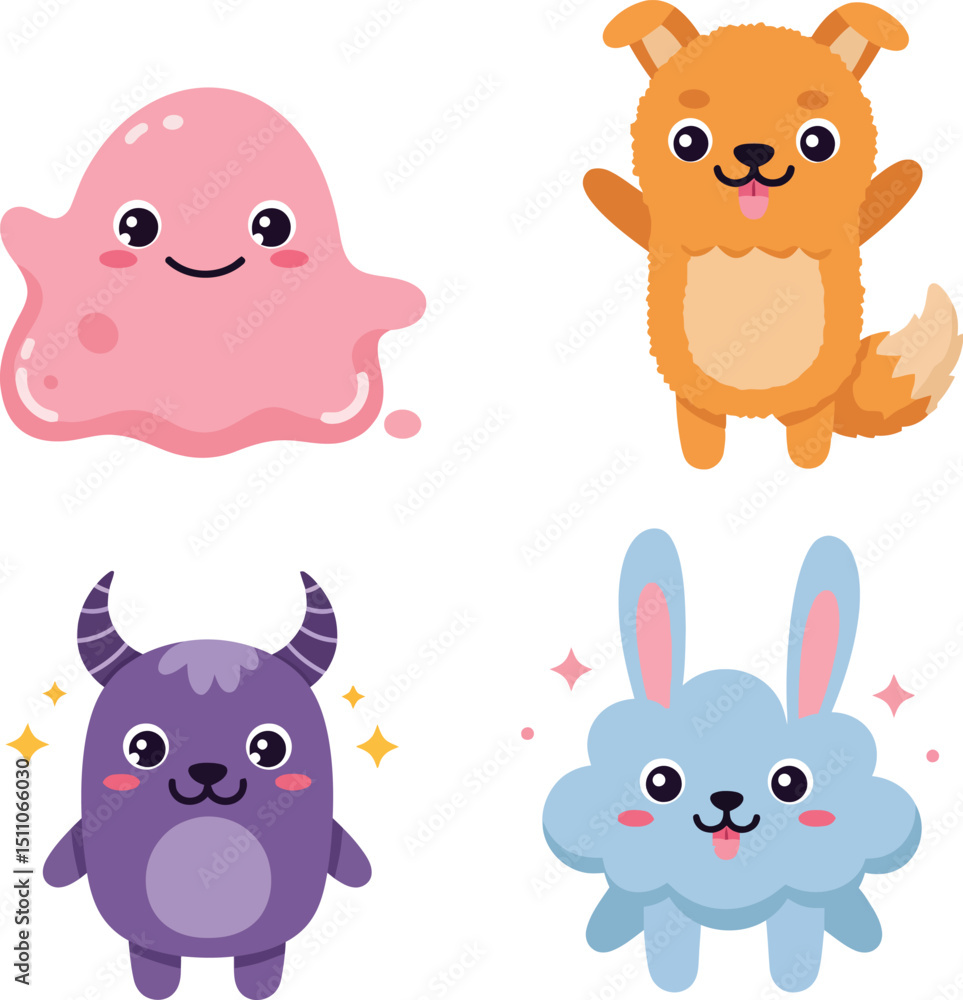 Poster cute colorful cartoon animals and blob characters vector illustration with happy expressions and pla