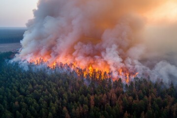 Fototapeta premium Catastrophic pine forest fire. Smoke and orange flames rise high. Natural disaster.
