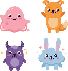 Cute colorful cartoon animals and blob characters vector illustration with happy expressions and playful design