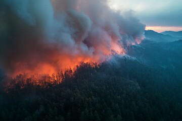 Fototapeta premium Catastrophic pine forest fire. Smoke and orange flames rise high. Natural disaster.