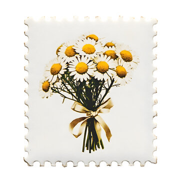 floral-themed postage stamp on clean white background, showing a daisy bouquet tied with ribbon, minimal and cute, embossed edge, no text, --raw