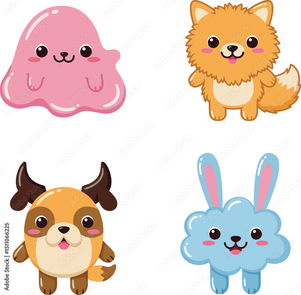 Poster cute cartoon animals and blob characters with happy expressions in colorful kawaii style vector illu