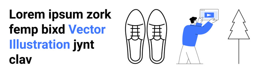 Halved shoe pair, tree outline, text with highlighted word, man holding screen playing video. Ideal for learning, technology, fashion, minimalism, education materials advertisement simple landing
