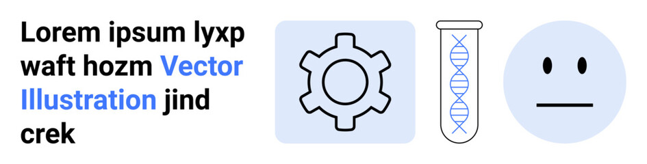 Gear symbol, DNA helix in test tube, neutral face icon. Ideal for science, technology, genetics, optimization, emotion analysis, laboratory work simple landing page
