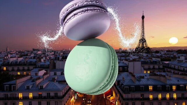 Flying Pastel Macarons Over Paris Skies