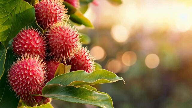 Rambutan Fruit on Branch: Close-up of vibrant red rambutan fruits on a branch, with lush green leaves and a sunlit bokeh background, showcasing the exotic beauty of this tropical fruit. 
