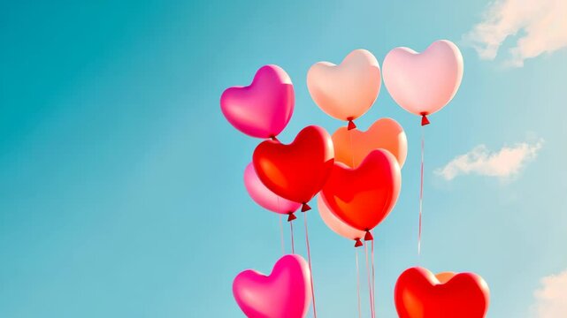 Love's Ascendance: Heart-shaped balloons float into the sky, embodying sentiments of love, joy, and celebration against a bright, cloud-dappled sky. The image evokes a sense of happiness, romance.